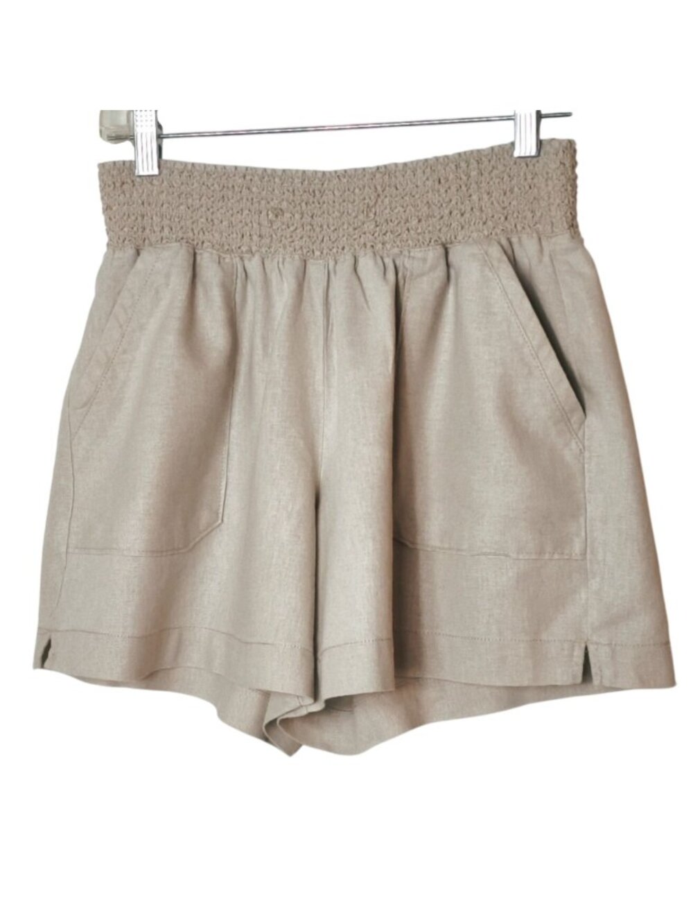 Womens Linen Shorts M Beige High-Waisted Smocked Pull On Pockets Cottagecore
